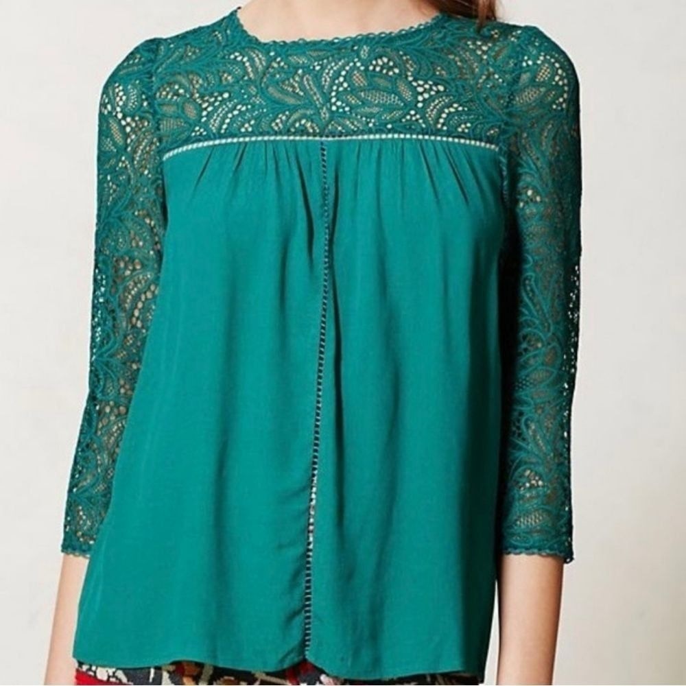 Anthropologie‎ Moulinette Soeurs Lace Sleeve Blouse Top Teal Green Boho Bohemian